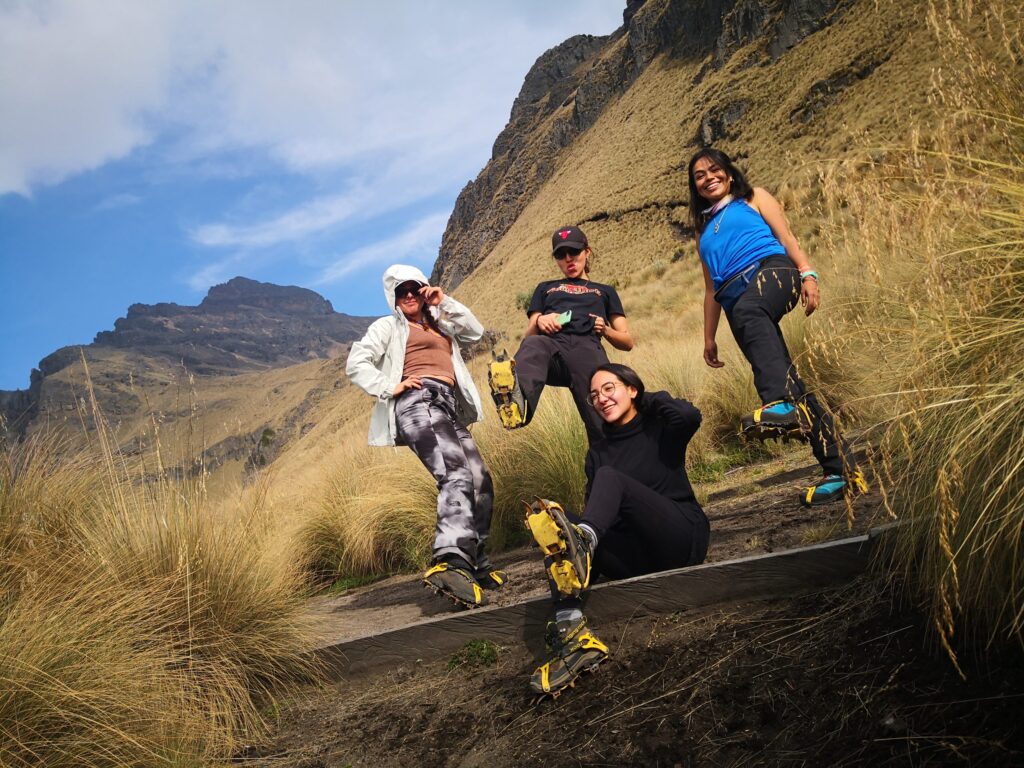 Group of climbers wearing crampons on the high-altitude grassland of Iztaccíhuatl