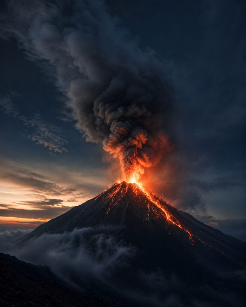 Volcán en erupción al atardecer sobre un mar de nubes
